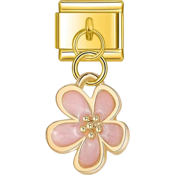 Pink five-petal flower with gold detailing in a dangle design Italian charm bracelet link