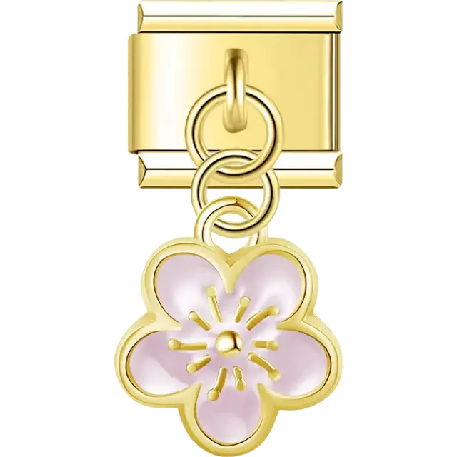 Gold outline flower with pink enamel dangle Italian charm bracelet link