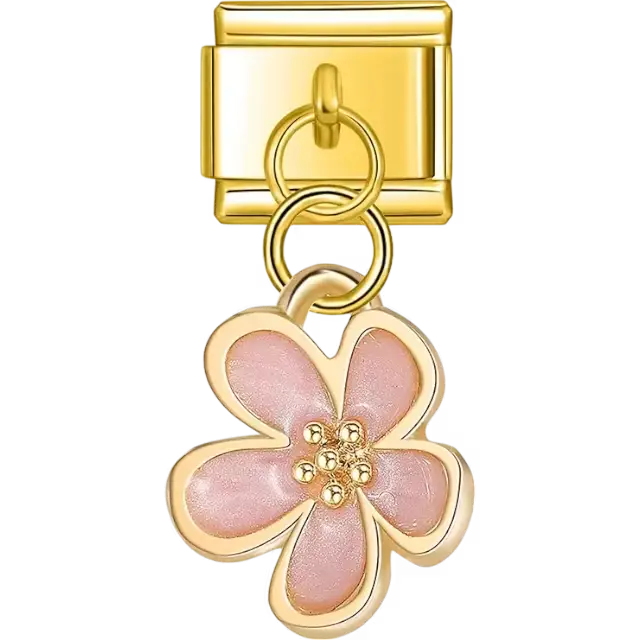 Pink five-petal flower with gold detailing in a dangle design Italian charm bracelet link
