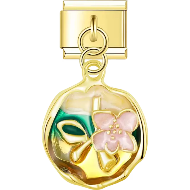 Gold round pendant with pink flower and green leaf enamel design dangle Italian charm bracelet link
