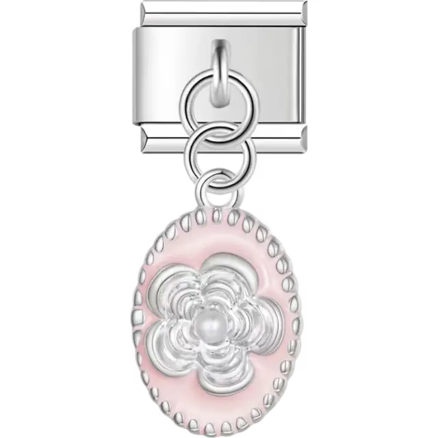 Pink oval dangle charm with a raised flower design and pearl-like center Italian charm bracelet link