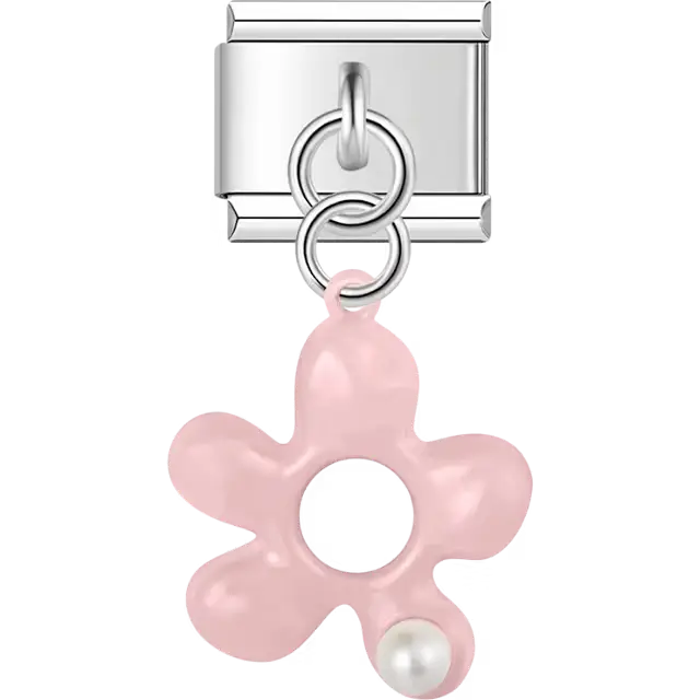 Pink flower shape with pearl accent dangle Italian charm bracelet link