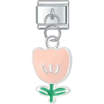 Light pink flower pendant with green leaves and silver accents Italian charm bracelet link
