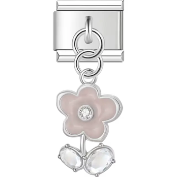 Light pink flower dangle charm with a crystal center and two clear gemstones Italian charm bracelet link