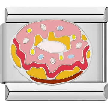 Pink frosted donut with colorful sprinkles, donut emoji Italian charm bracelet link
