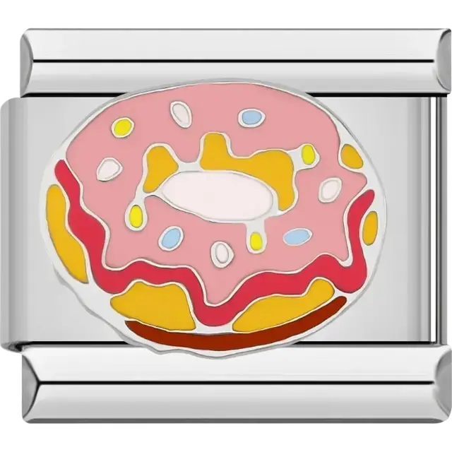 Pink frosted donut with colorful sprinkles, donut emoji Italian charm bracelet link