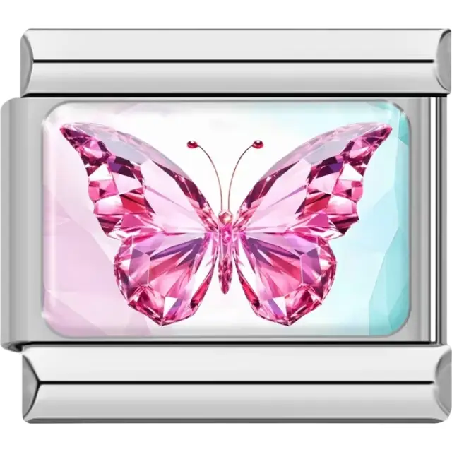 Faceted pink gem butterfly on a light blue and pink gradient background Italian charm bracelet link