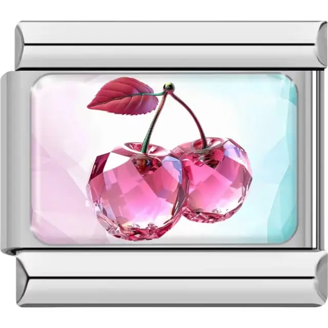 Faceted pink gem cherries with a red leaf on a light blue and pink gradient background Italian charm bracelet link