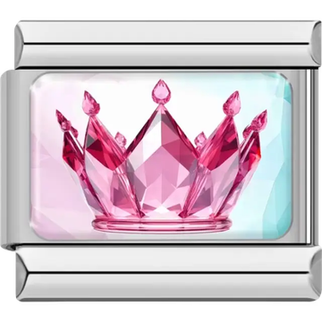 Faceted pink gem crown on a light blue and pink gradient background Italian charm bracelet link