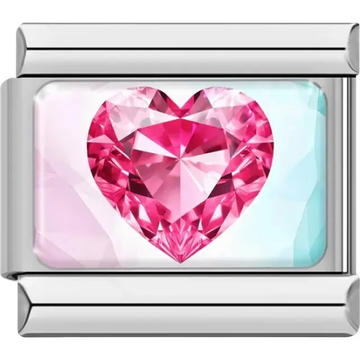 Faceted pink gem heart on a light blue and pink gradient background Italian charm bracelet link