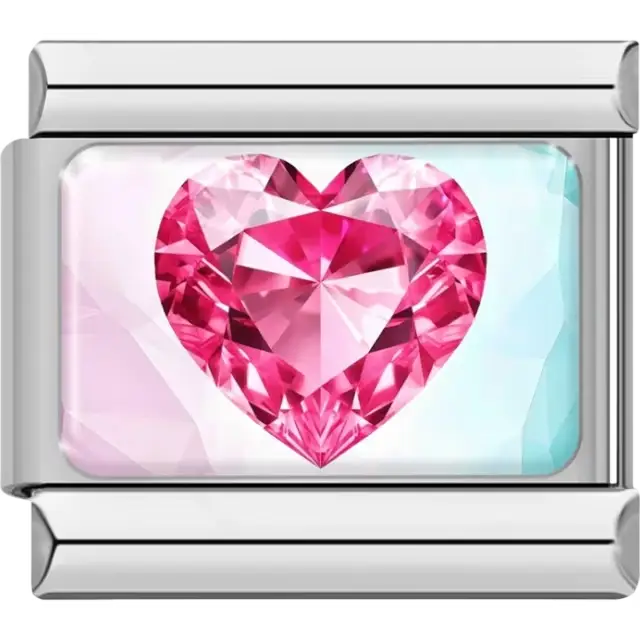 Faceted pink gem heart on a light blue and pink gradient background Italian charm bracelet link