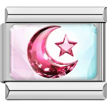 Faceted pink gem crescent moon and star on a light blue and pink gradient background Italian charm bracelet link