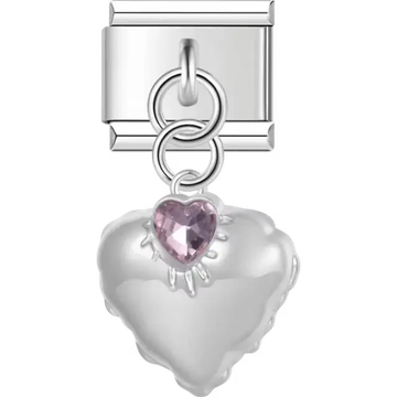 Puffy heart with pink faceted gem centerpiece dangle Italian charm bracelet link