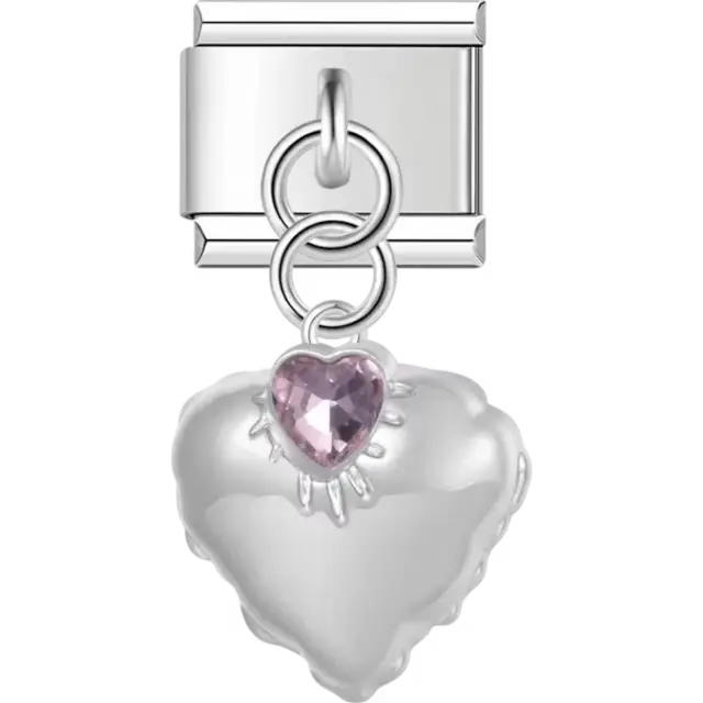 Puffy heart with pink faceted gem centerpiece dangle Italian charm bracelet link