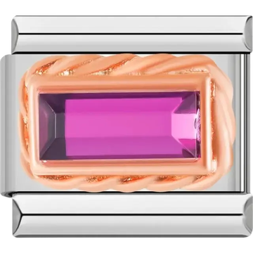 Rectangular pink gemstone framed with a gold border Italian charm bracelet link