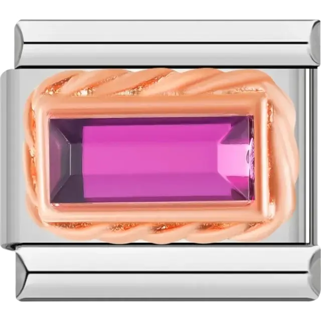 Rectangular pink gemstone framed with a gold border Italian charm bracelet link