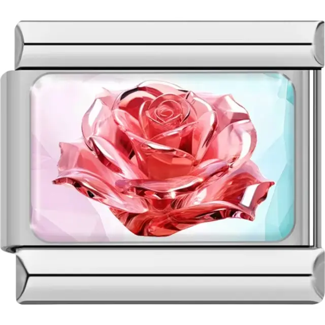 Faceted pink gem rose on a light blue and pink gradient background Italian charm bracelet link