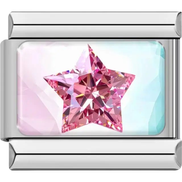 Faceted pink gem star on a light blue and pink gradient background Italian charm bracelet link