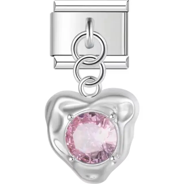 Heart with soft contours and pink faceted gem centerpiece dangle Italian charm bracelet link