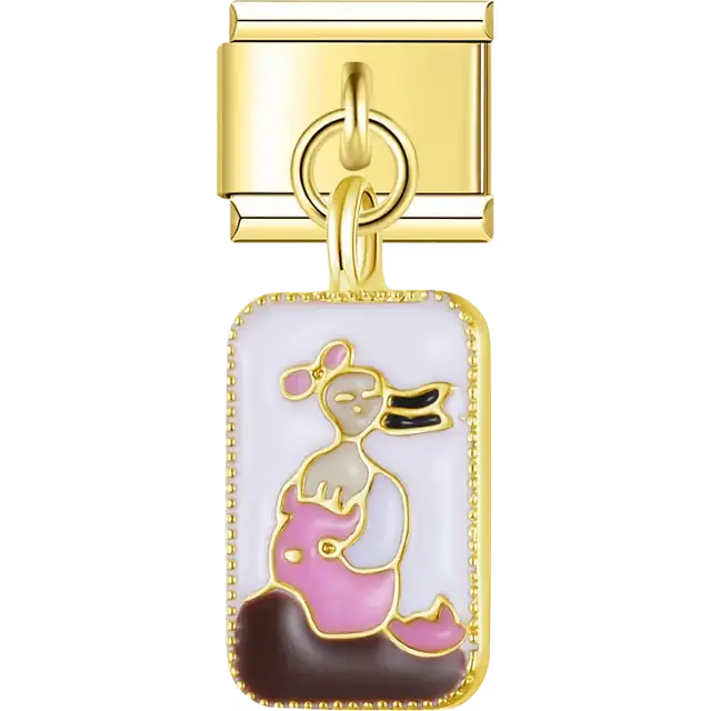 White enamel rectangle with pink and black girly figure gold trim Italian charm bracelet link