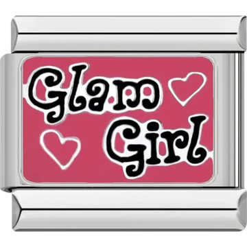 Pink background with “Glam Girl” text and hearts Italian charm bracelet link