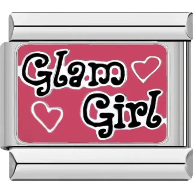 Pink background with “Glam Girl” text and hearts Italian charm bracelet link