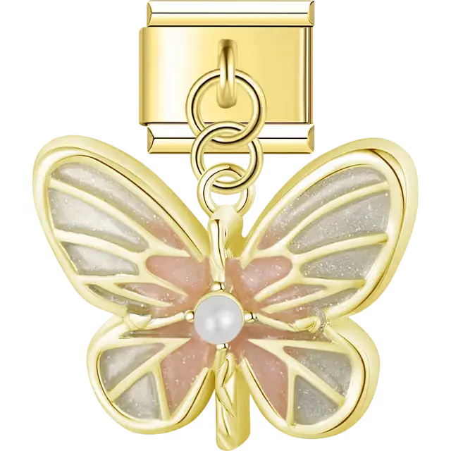 Gold trim butterfly with pink and white glitter enamel wings and pearl accent Italian charm bracelet link