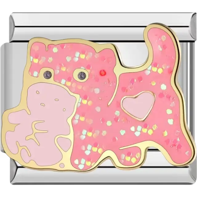 Pink glitter cat with a gold outline, heart detail, and a playful design Italian charm bracelet link
