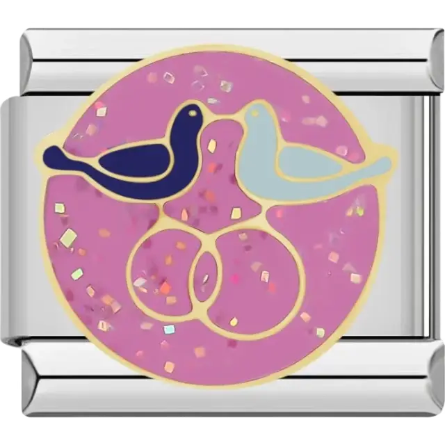 Two doves facing each other on pink glitter background Italian charm bracelet link