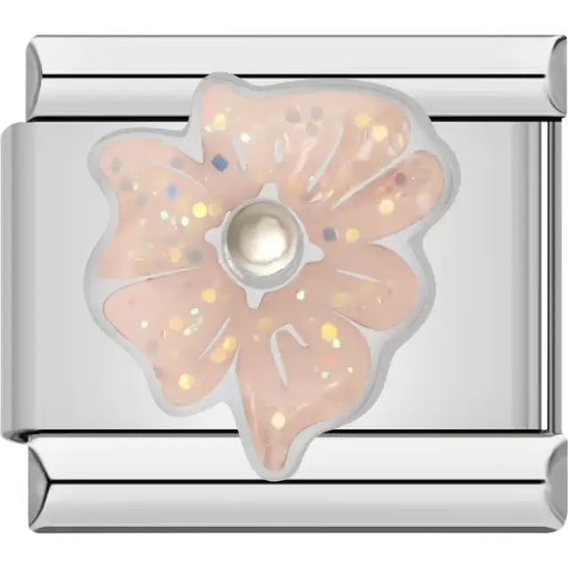 Soft pink glittery flower with a pearl-like centerpiece Italian charm bracelet link