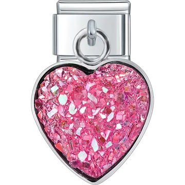 Pink glitter heart dangle Italian charm bracelet link
