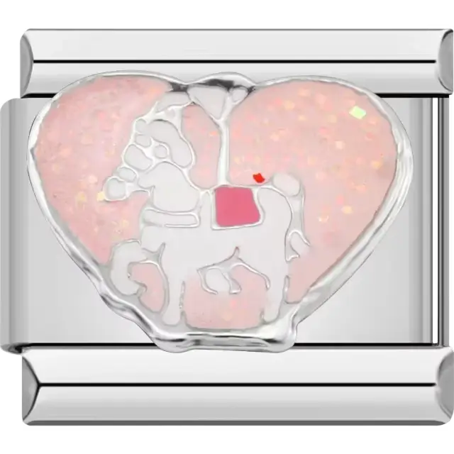 Pink glitter heart design featuring a silver carousel horse Italian charm bracelet link