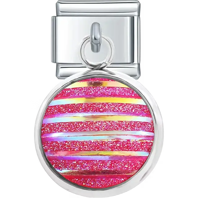 Round dangle with pink glitter and horizontal stripe pattern Italian charm bracelet link