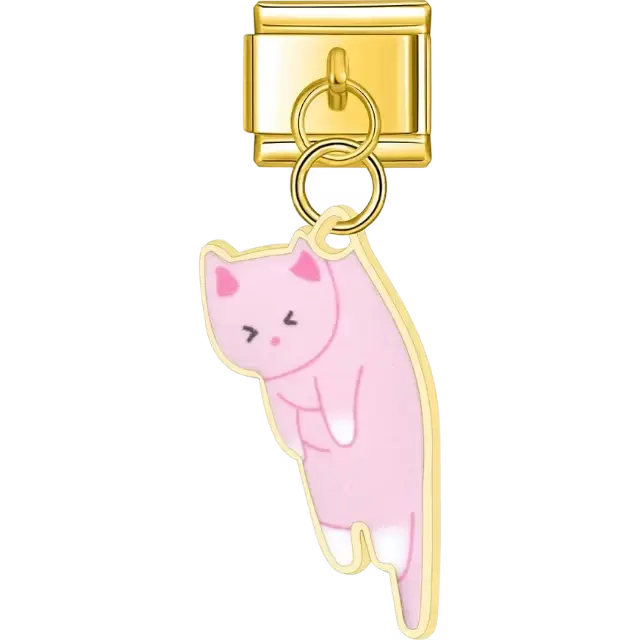 Pink cat with white paws hanging design Italian charm bracelet link