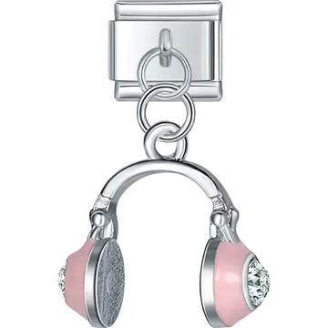 Pink headphones pendant with silver and crystal details Italian charm bracelet link