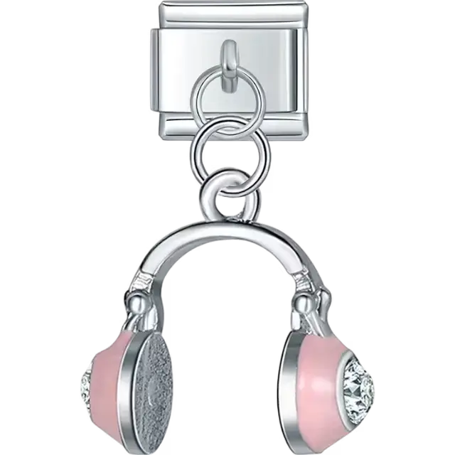 Pink headphones pendant with silver and crystal details Italian charm bracelet link