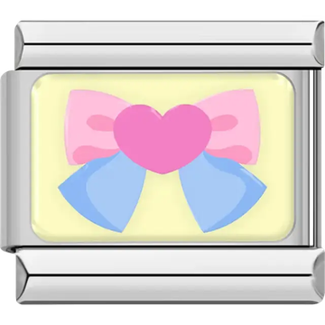 Pink heart with blue bow on yellow background Italian charm bracelet link