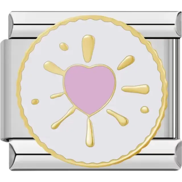 Round charm featuring a pink heart in the center with gold burst accents and a scalloped gold border Italian charm bracelet link