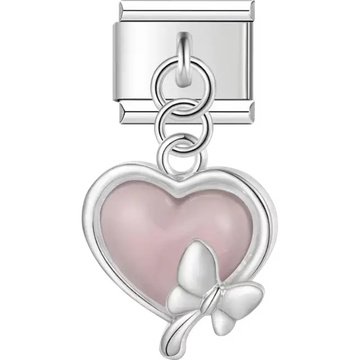 Pink heart with silver butterfly accent Italian charm bracelet link