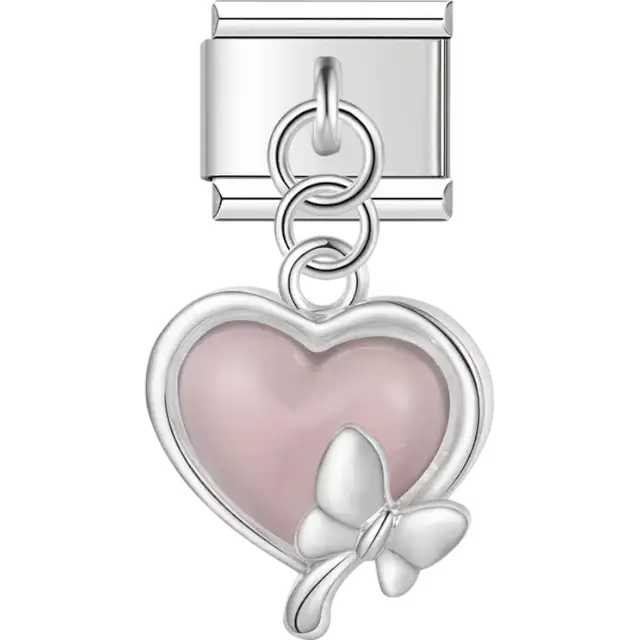 Pink heart with silver butterfly accent Italian charm bracelet link