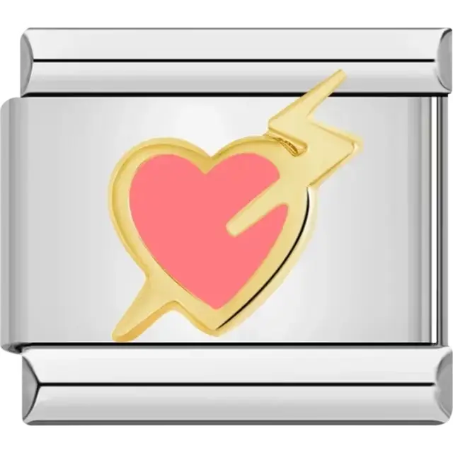 Gold heart design with pink enamel and lightning bolt detail Italian charm bracelet link