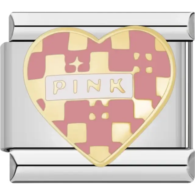 Gold-outlined heart with pink and gold checkerboard pattern and "PINK" text in the center Italian charm bracelet link