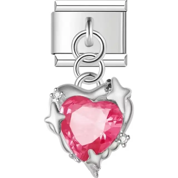 Pink heart-shaped crystal surrounded by silver star accents with a dangle design Italian charm bracelet link