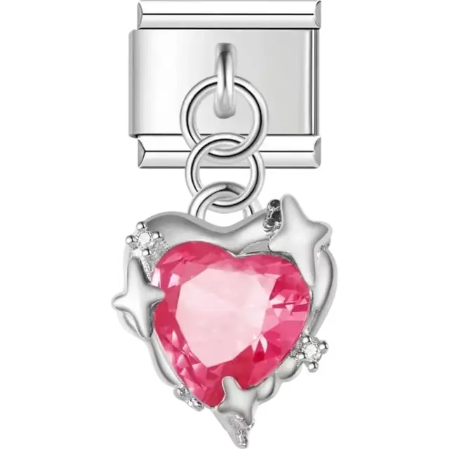 Pink heart-shaped crystal surrounded by silver star accents with a dangle design Italian charm bracelet link