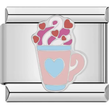 Pink cup with blue heart and whipped cream topped with red and pink hearts Italian charm bracelet link