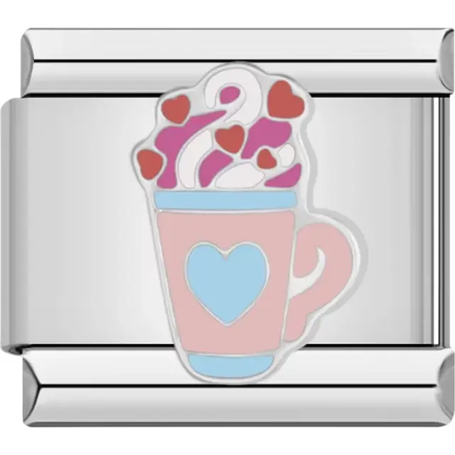 Pink cup with blue heart and whipped cream topped with red and pink hearts Italian charm bracelet link