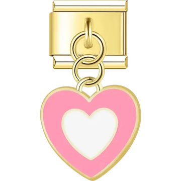 Gold dangle pink heart white center Italian charm bracelet link