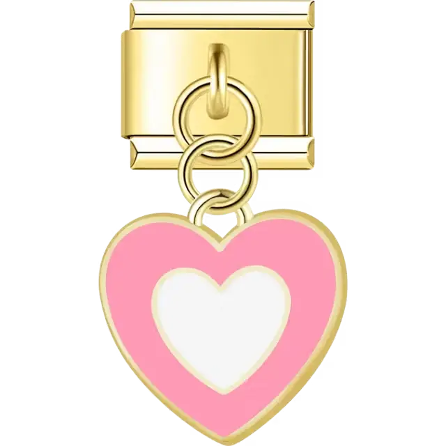 Gold dangle pink heart white center Italian charm bracelet link