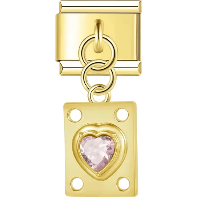 Pink heart gemstone on rectangular shape with circular cutout accents Italian charm bracelet link