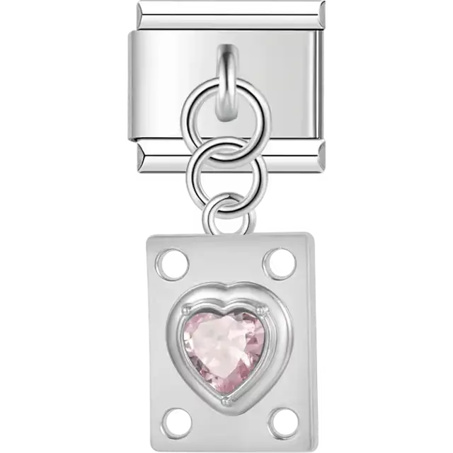 Pink heart gemstone on rectangular shape with circular cutout accents Italian charm bracelet link
